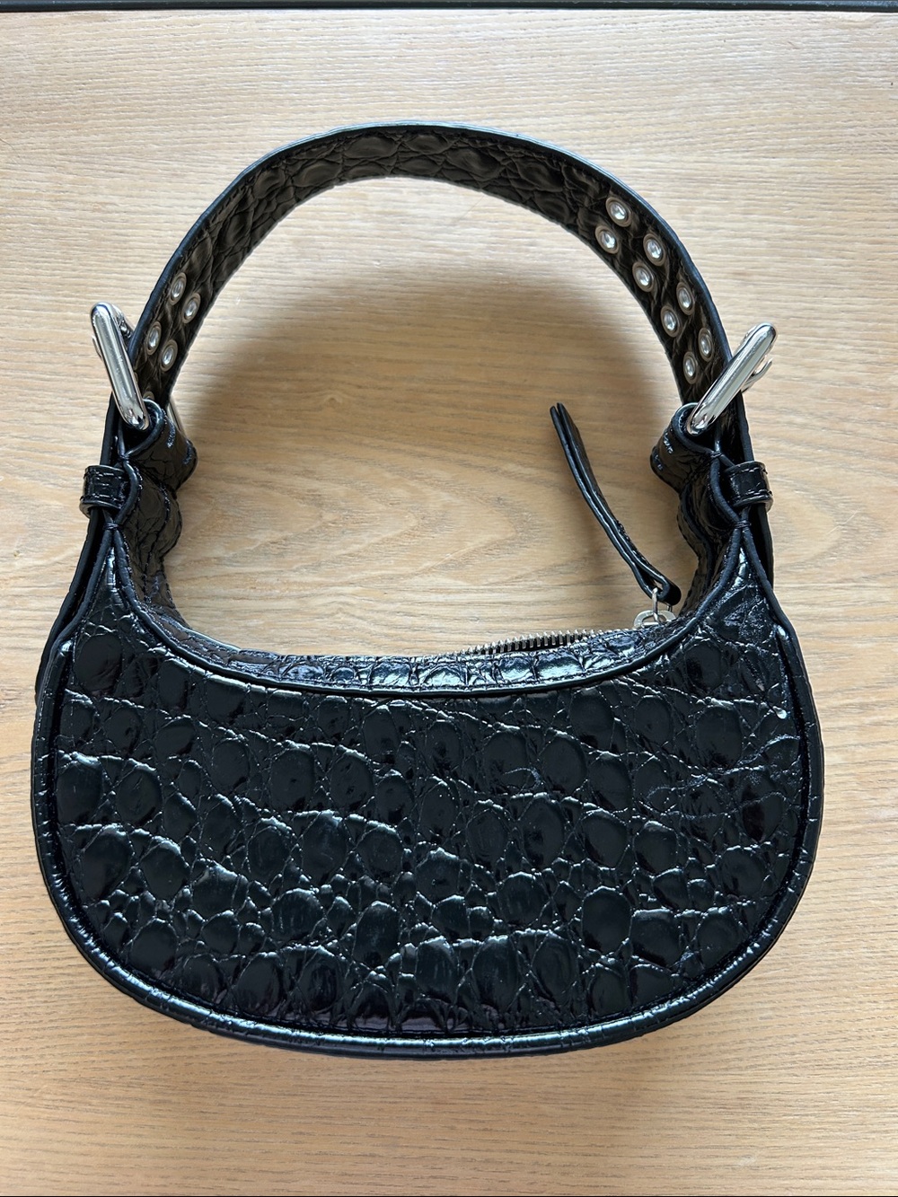 By Far Mini Black Croc-Embossed Shoulder Bag